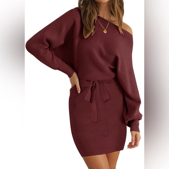 Merokeety Dresses & Skirts - 🎄NWT MEROKEETY Off Shoulder Ribbed Knit Sweater Dress Wine Red Fall Mini Dress M